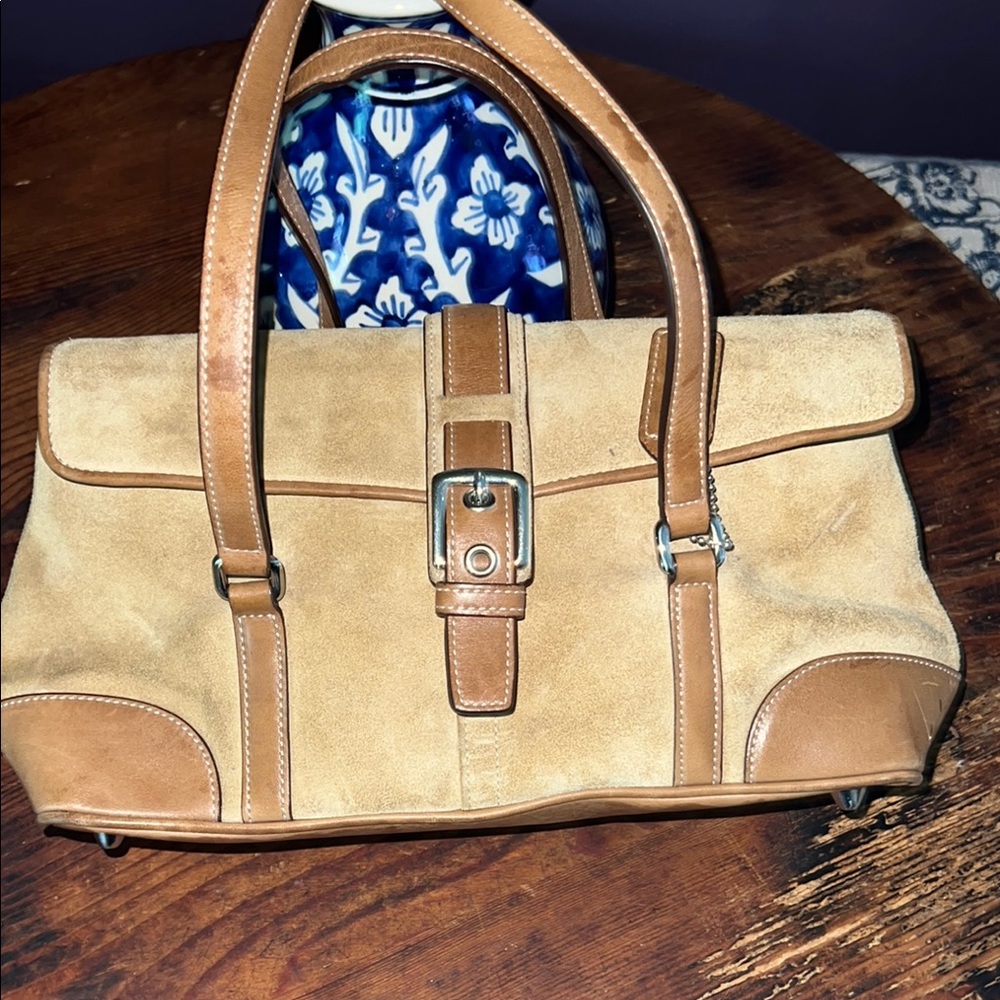 Coach Tan and Brown Suede Handbag with Buckle